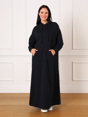 Lacivert Pamuklu Kapüşonlu Spor Büyük Beden Elbise