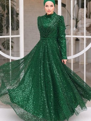 Zümrüt Sual Drapeli Tül Abiye Elbise