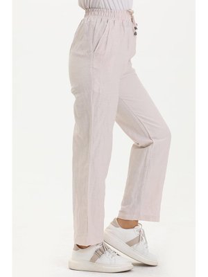 Bej Beli Lastikli Cepli Keten Pantolon