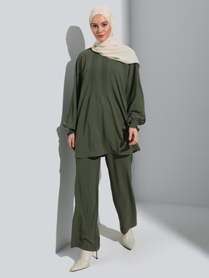 Nervür Detaylı Aerobin Tunik & Pantolon İkili Takım Haki