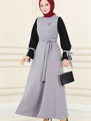 Gri & Siyah Manşeti Bağlamalı Elbise