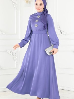 Lila Taş İşlemeli Saten Abiye Elbise