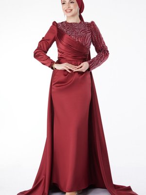 Düz Bisiklet Yaka Bordo Payetli Arkası Kuyruklu Abiye Elbise Düz Bisiklet Yaka Bordo Payetli Arkası Kuyruklu Abiye Elbise