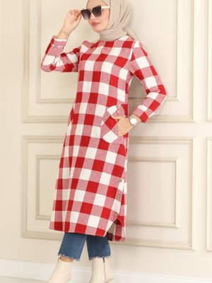 Bordo & Ekru Düğme Detaylı Ekose Tunik Bordo & Ekru Düğme Detaylı Ekose Tunik