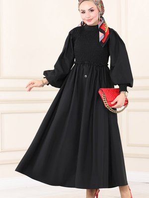 Siyah Gipe Detaylı Terikoton Elbise