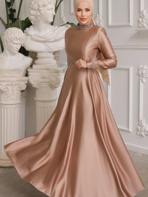 Koyu Vizyon Otriş Detaylı Saten Abiye Elbise