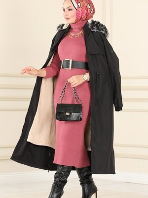 Siyah İçi Kürklü Bondit Trençkot Siyah İçi Kürklü Bondit Trençkot