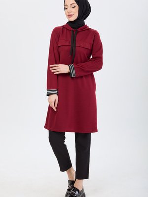 Bordo Taş Baskılı Kapüşonlu Tunik Bordo Taş Baskılı Kapüşonlu Tunik