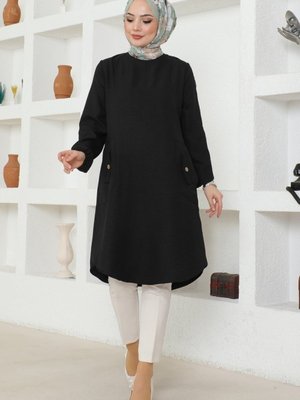 Siyah Cep Detaylı Keten Tunik