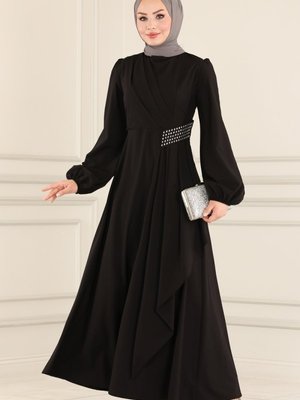 Siyah Beli Drapeli Elbise
