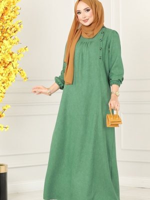 Yeşil Düğme Detaylı Keten Elbise