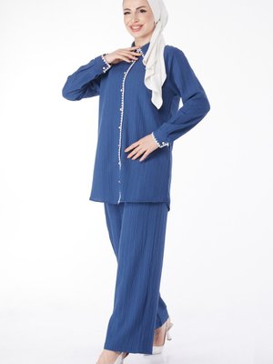 Düz Gömlek Yaka İndigo Tunik Pantolon İkili Takım