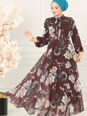 Kahve Fular Yakalı Şifon Elbise