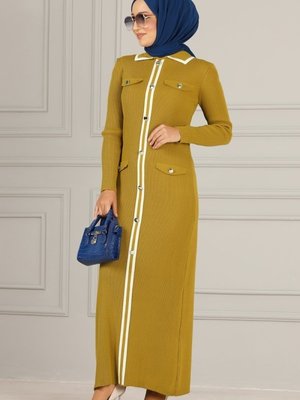 Yağ Yeşili Aksesuar Düğmeli Triko Elbise