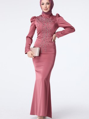 Gul Taş İşlemeli Kol Detaylı Abiye Elbise