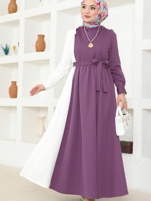 Koyu Lila&Ekru Fırfır Detaylı Tesettür Elbise