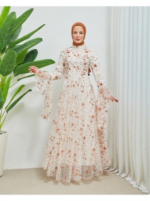 Yıldız Desen Kolları Asimetrik Tesetür Abiye Elbise