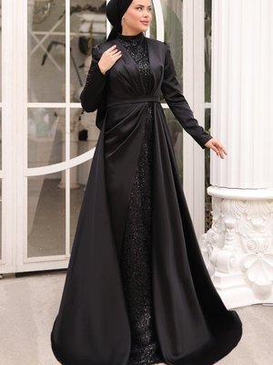 Siyah Taş Detaylı Saten Abiye Elbise Siyah Taş Detaylı Saten Abiye Elbise