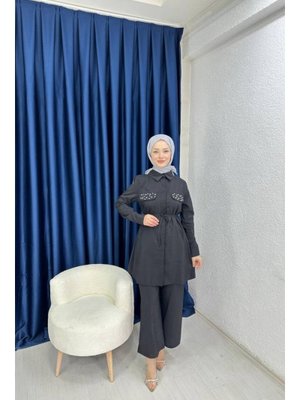 Siyah Cep Kapağı Taş Detaylı İkili Takım