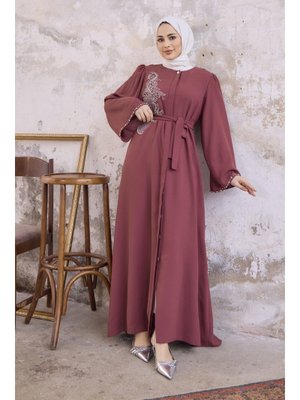 Gül Kurusu Lora Taşlı Abaya