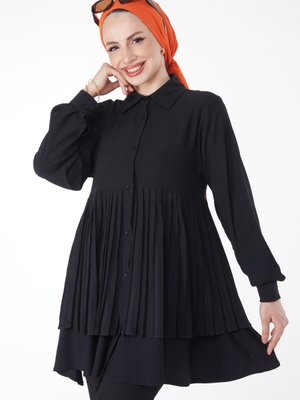 Düz Gömlek Yaka Siyah Piliseli İkili Takım