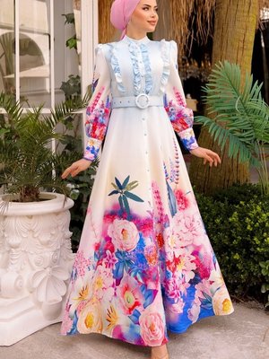 Mavi Sual Göğsü Fırfırlı Atlas Elbise