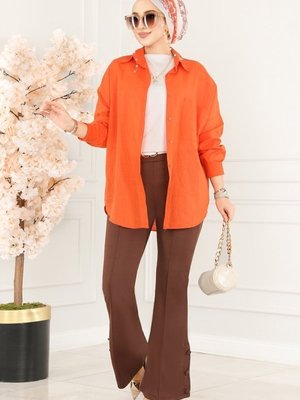 Kahve Düğme Detaylı Pantolon Kahve Düğme Detaylı Pantolon