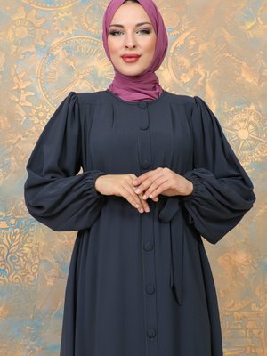 Düğmeli & Kemerli Balon Kol Medine İpeği Ferace Düğmeli & Kemerli Balon Kol Medine İpeği Ferace