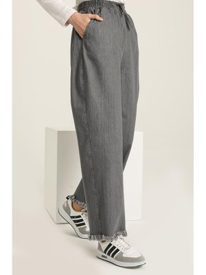 Gri Saçaklı Bol Paça Kot Pantolon