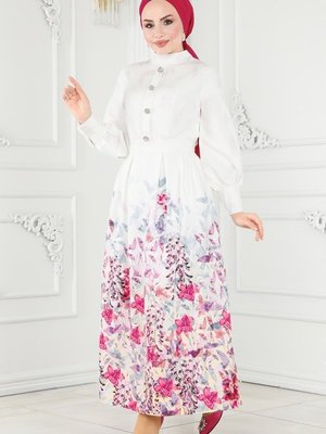 Ekru Aksesuar Düğmeli Atlas Elbise Ekru Aksesuar Düğmeli Atlas Elbise