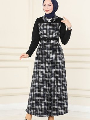 Lacivert Kemerli Kışlık Elbise