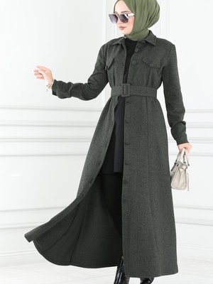 Koyu Haki Kaplama Kemerli Ferace Koyu Haki Kaplama Kemerli Ferace