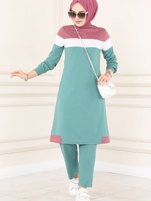 Gül Kurusu & Mint Renk Şeritli İkili Takım Gül Kurusu & Mint Renk Şeritli İkili Takım