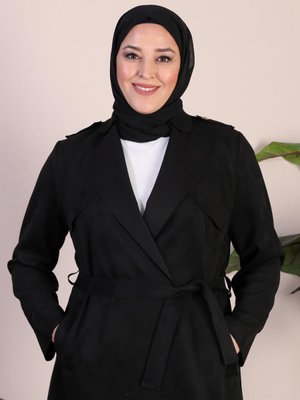 Kadin Buyuk Beden Trenc Belden Kuşaklı Tesettur Süet Trenckot