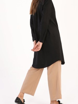 Siyah Gizli Patlı Pamuklu Gömlek Tunik