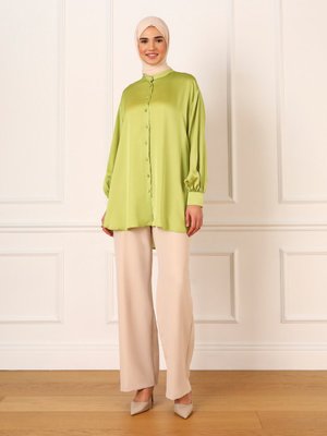 Düğmeli Geniş Kalıp Saten Tunik Yağ Yeşili