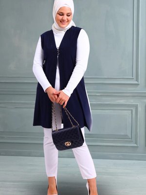 Kadin Tesettur Likralı Düğmeli Uzun Anne Yelek Lacivert