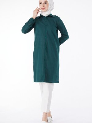 Düz Gömlek Yaka Zümrüt Tunik