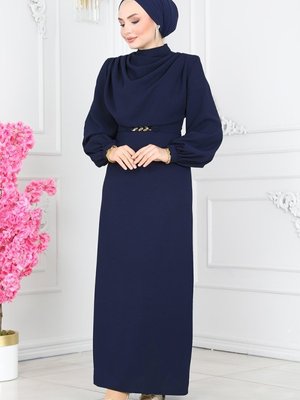 Lacivert Degaje Yaka Kemerli Elbise