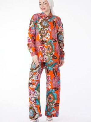 Düz Gömlek Yaka Turuncu Etnik Desenli İkili Takım