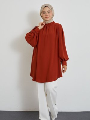Ön Büzgü Detay Balon Kol Tunik Kiremit Ön Büzgü Detay Balon Kol Tunik Kiremit