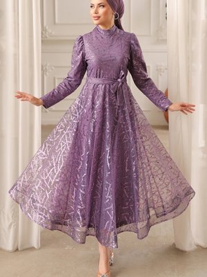 Lila Kemerli Simli Tül Midi Abiye Elbise