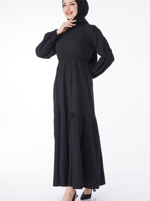 Düz Bisiklet Yaka Siyah Beli Bağcıklı Elbise Düz Bisiklet Yaka Siyah Beli Bağcıklı Elbise