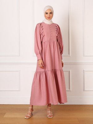 Gül Kurusu Brit Düğme Detaylı Yarasa Kollu Elbise