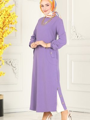 Lila Düğme Detaylı Aerobin Elbise