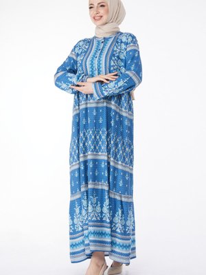 Düz Hakim Yaka İndigo Desenli Renkli Elbise