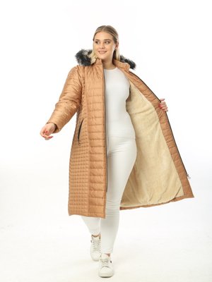 Siyah Içi Kürklü Uzun Kapitone Kapüşonlu Büyük Beden Mont