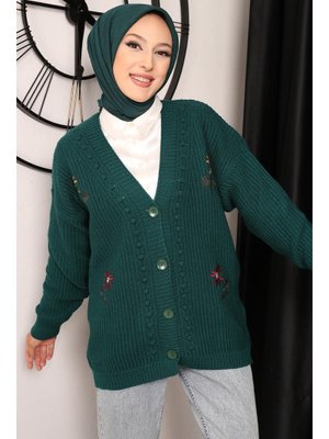 Zümrüt Yeşili Nakış İşlemeli Hırka