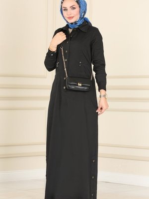 Siyah Aktif Düğmeli Kot Elbise
