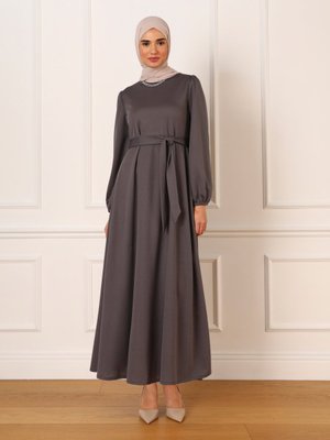 Kuşak Detaylı Rahat Elbise Granit